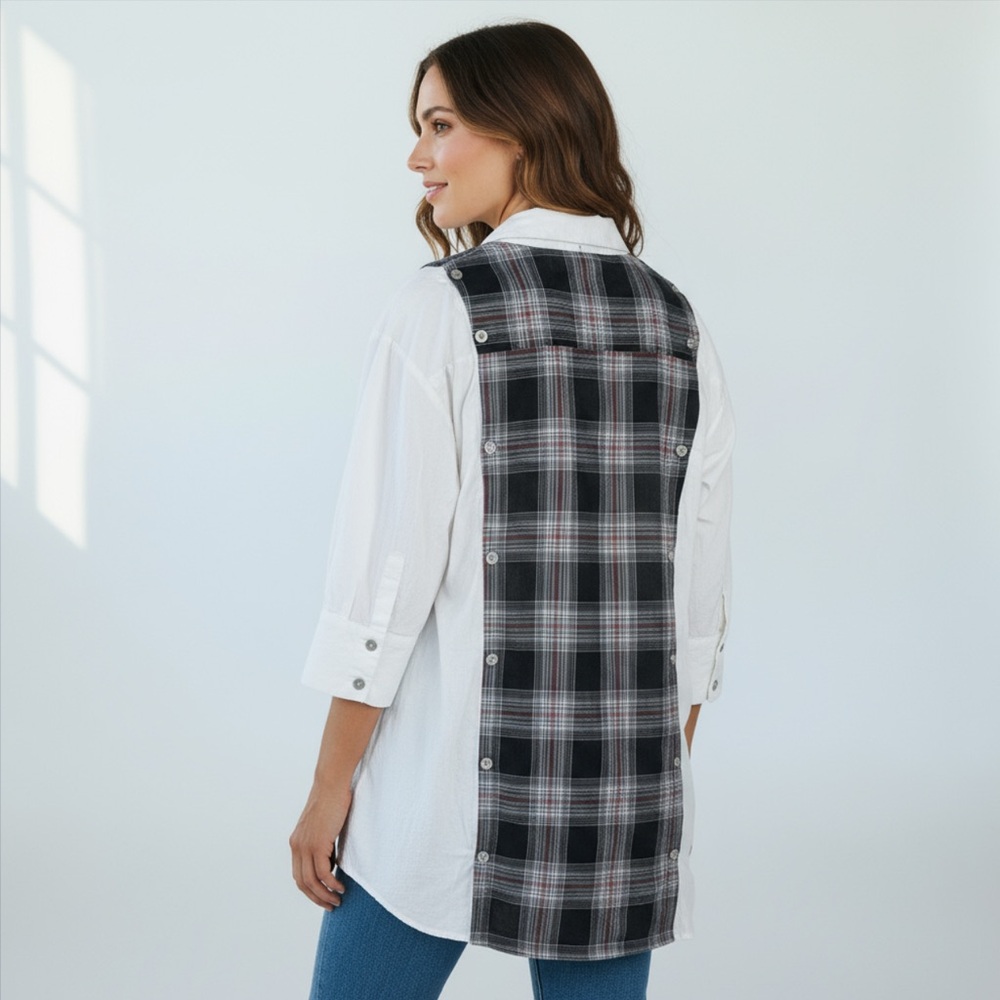 Plaid Back Button-Down Shirt - White and Black